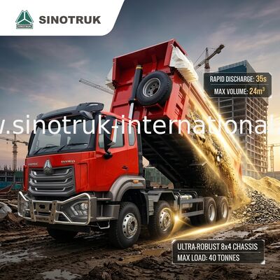 Red Square-Bucket Dumper (27CBM, 8×4, 371HP): Ưu điểm chính cho việc xả vật liệu nhanh chóng