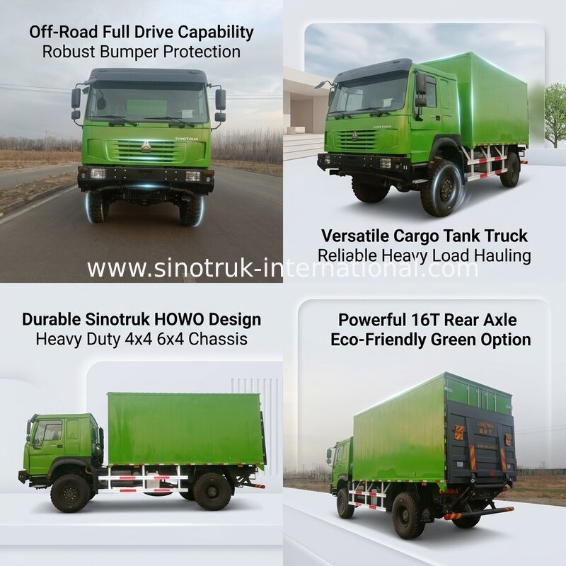 Xe tải hạng nặng SINOTRUK với hệ dẫn động 4X4 LHD, thùng hàng 5000*2300*2300 mm và khả năng chịu tải trục sau 16T để vận chuyển hàng hóa nặng