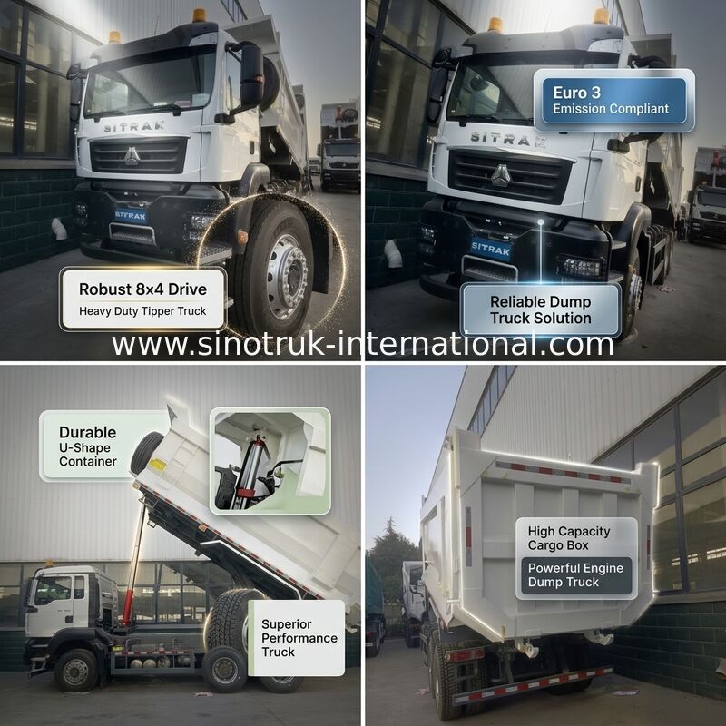 371HP White U-Shaped Cargo Box Dump Truck với hiệu suất nâng trung tâm vượt trội