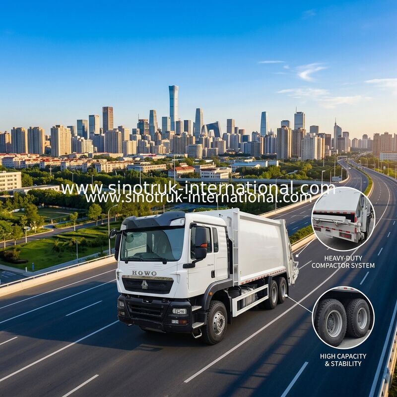 Xe tải rác nén khối lượng lớn 18m3 với động cơ 371HP và lốp xe hạng nặng để quản lý chất thải hiệu quả