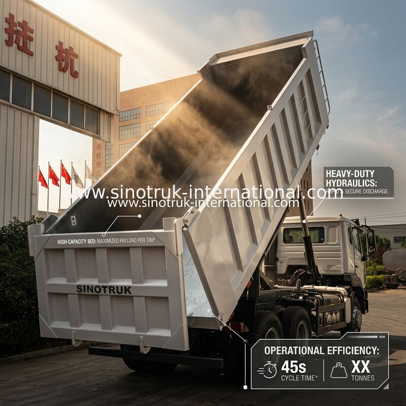 Xe ben SINOTRUK HOHAN Howo, động cơ Weichai, nâng giữa, 6 × 4, LHD, thùng hàng hình chữ nhật, màu trắng, 19-20CBM