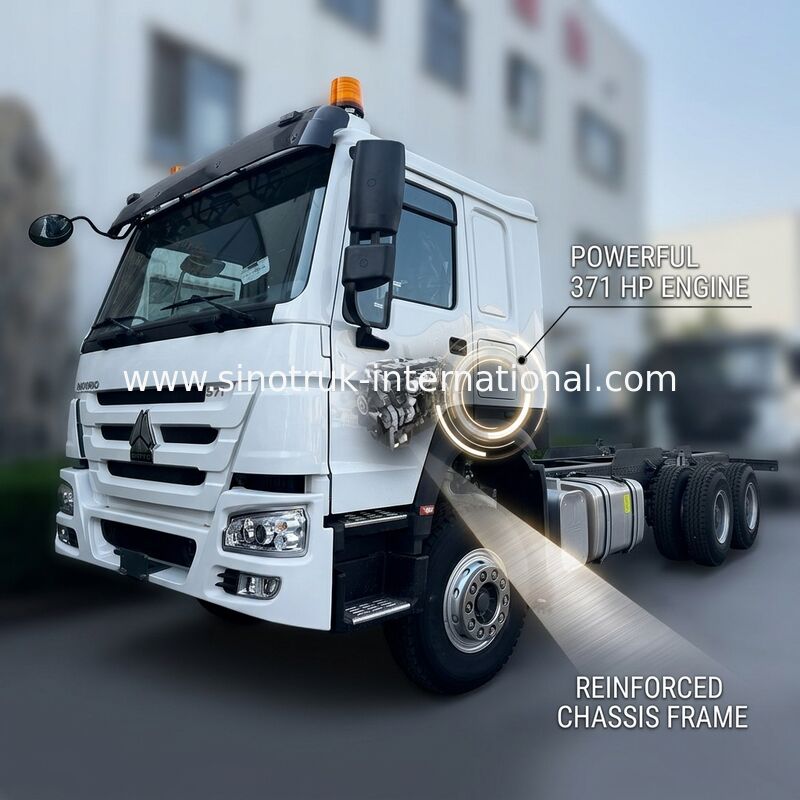 SINOTRUK HOWO Truck Chassis SINOTRUK Engine371HP 6 × 4 RHD Với đèn cảnh báo được sử dụng trong xe tải đổ rác xe tải hàng hóa xe tải nước